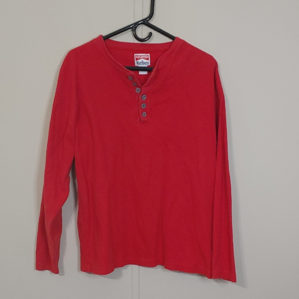 Vintage Marlboro Thermal Shirt Red Henley Ribbed Cotton Adult Size L